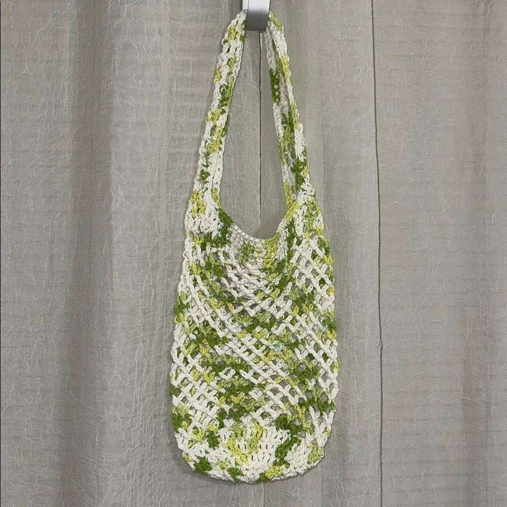Handmade Crochet White Shaded of Green Small Fishnet Market Tote